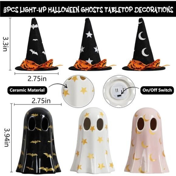 Ghost Halloween Decor, Set of 3 Ceramic Halloween Ghost Witch Decorations Indoor - Picture 4 of 6